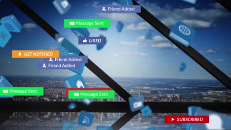 Animación-De-Texto-De-Redes-Sociales-En-Pancartas-Con-íconos-Digitales-Sobre-El-Paisaje-Urbano