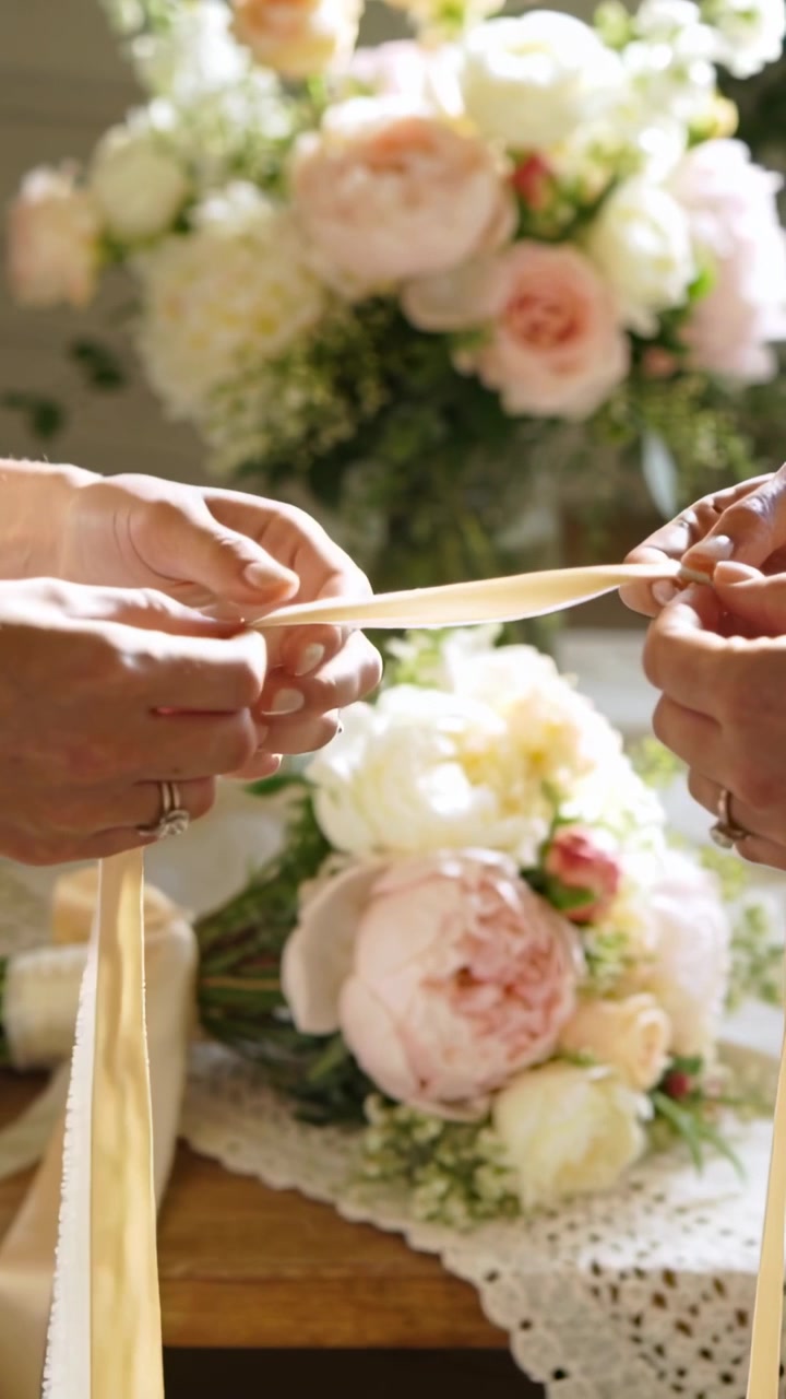 Two women holding ribbon and aligning ends on lace cloth, smoothing tension for floral bouquet