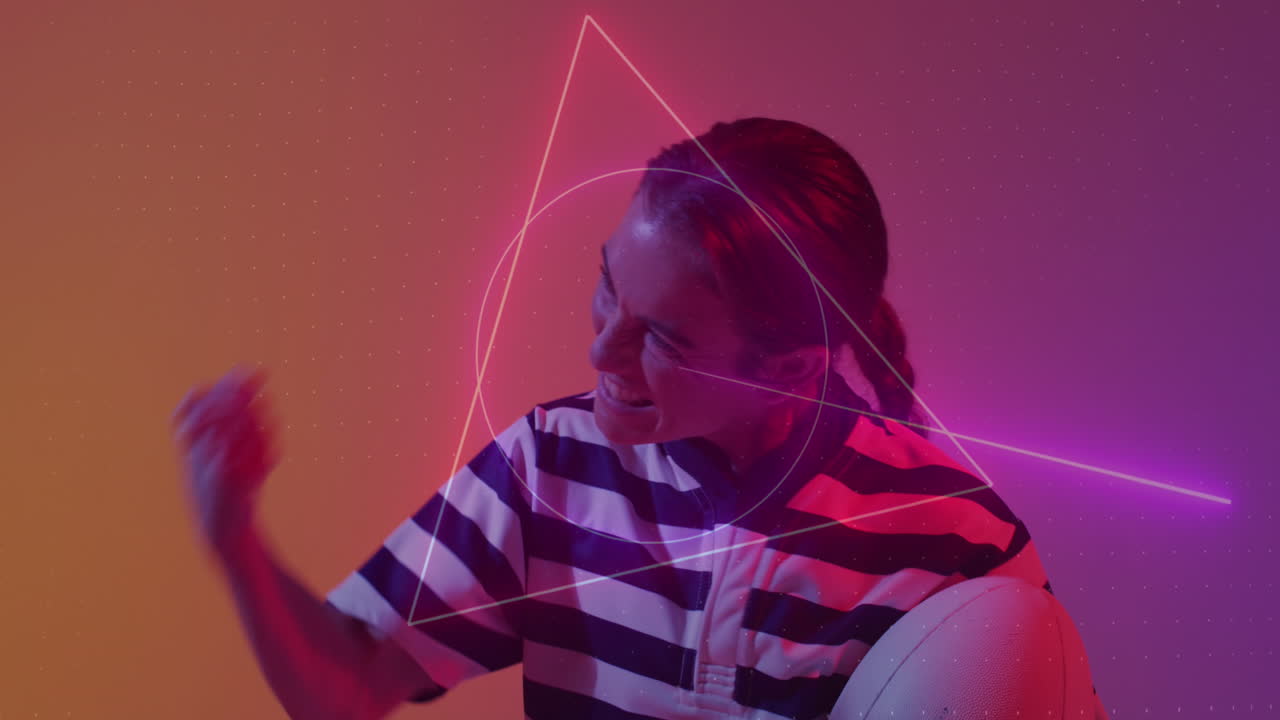 animación de un patrón de neón sobre una jugadora de rugby en un fondo de neón