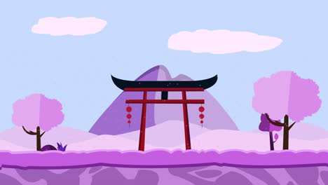 beautiful-and-funny-background-animation-of-a-japanese-landscape-illustration-with-cherry-trees,-japanese-traditional-architecture,-clouds-moving-and-petals-flying,-cartoon-flat-style