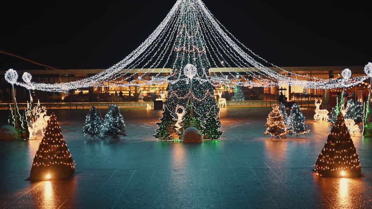 Decorations at the Christmas market in Chisinau, Moldova at night