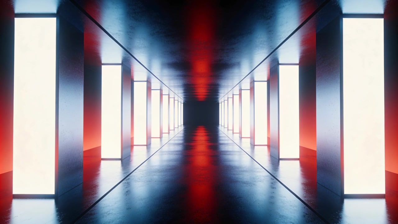 Pannelli verticali pulsanti che illuminano il corridoio, causando un tremolio a specchio sul pavimento lucido con luci rosse