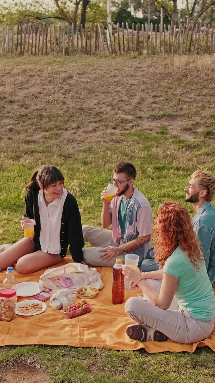 친구 들 이 공원 에서  이 비는 피크닉 을 즐기고 있다