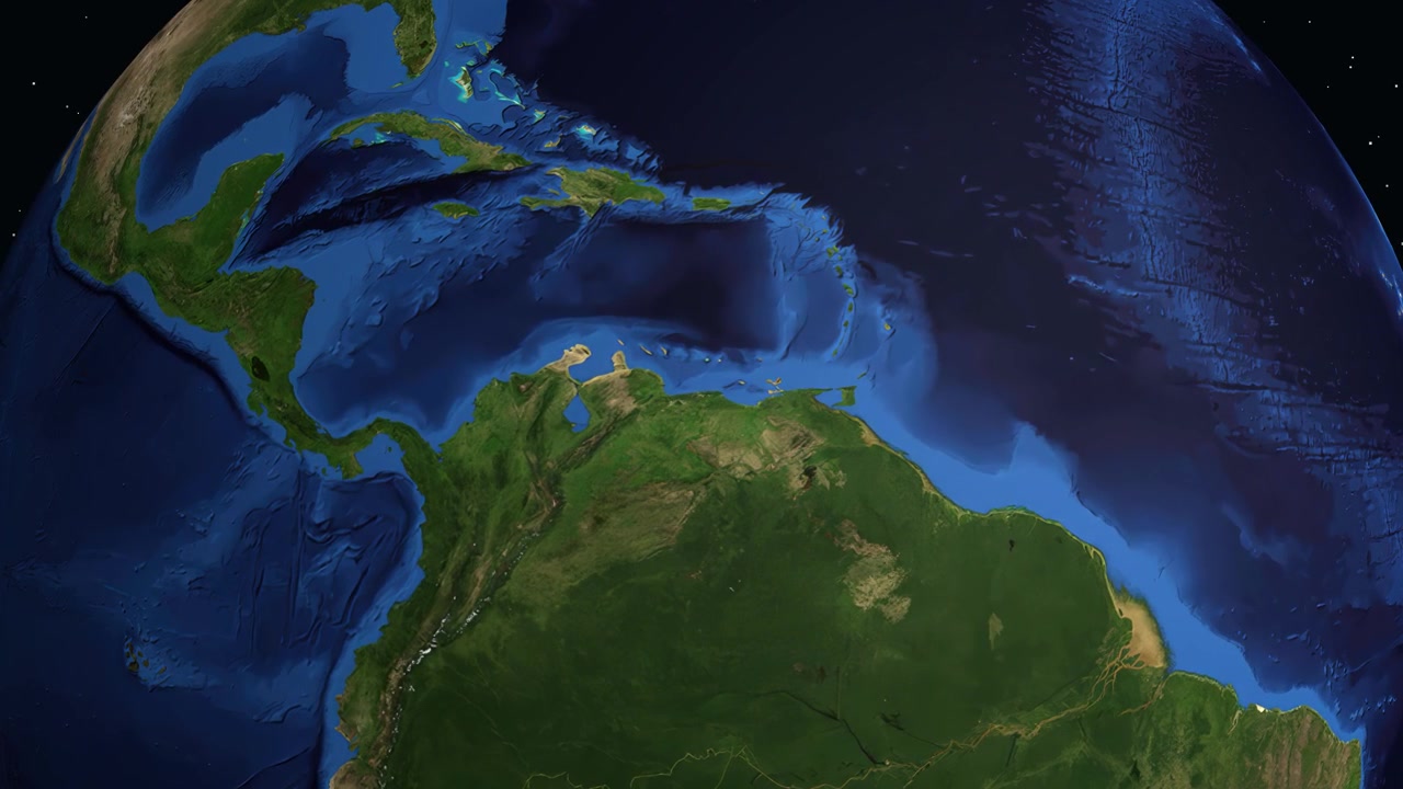 Digital animation zooms from space into Caracas, Venezuela, displaying precise geographic coordinates and location