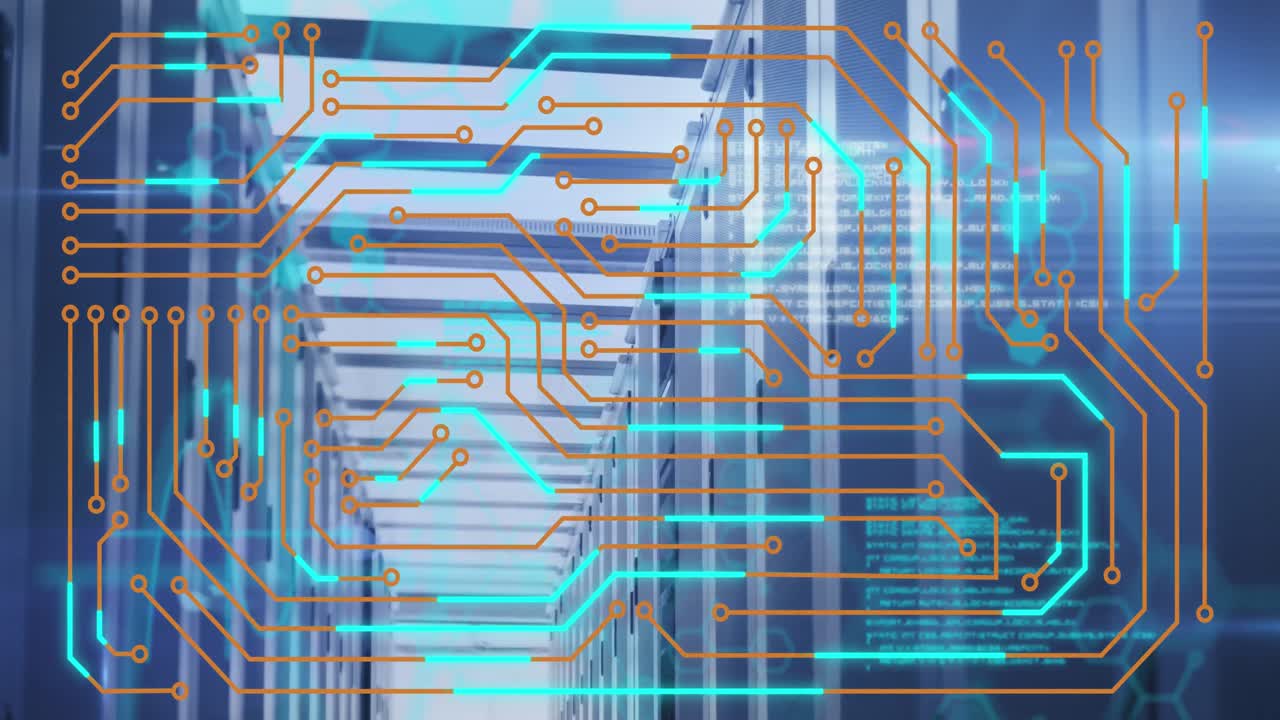 animación de las conexiones de microprocesador y procesamiento de datos contra la sala de servidores de computadoras