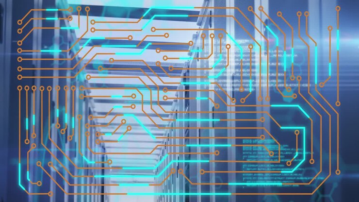 Animation of microprocessor connections and data processing against computer server room