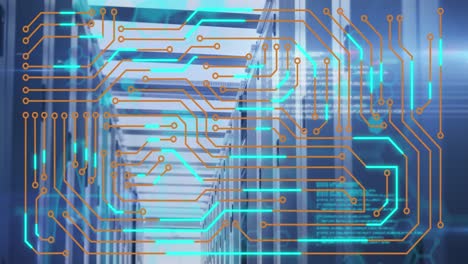 Animation-of-microprocessor-connections-and-data-processing-against-computer-server-room