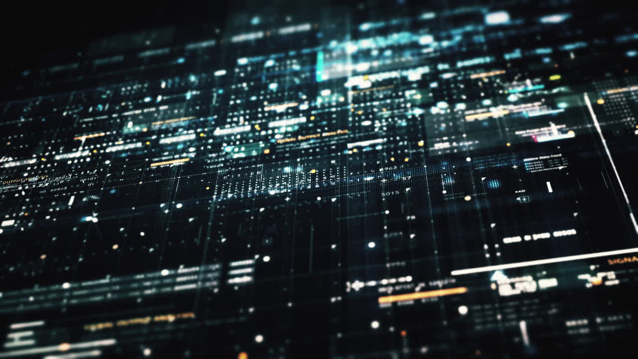 Advance data matrix, telemetry and encrypt numbers simulation user interface display in cyber space abstract de-focus environment background