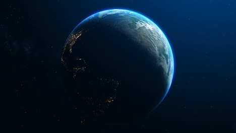 the dark side of the earth is not lit by the sun with bright city lights. 3d animation with a detailed satellite map, some elements from the nasa