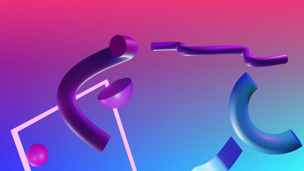 Animation of abstract 3d shapes over pink and blue background