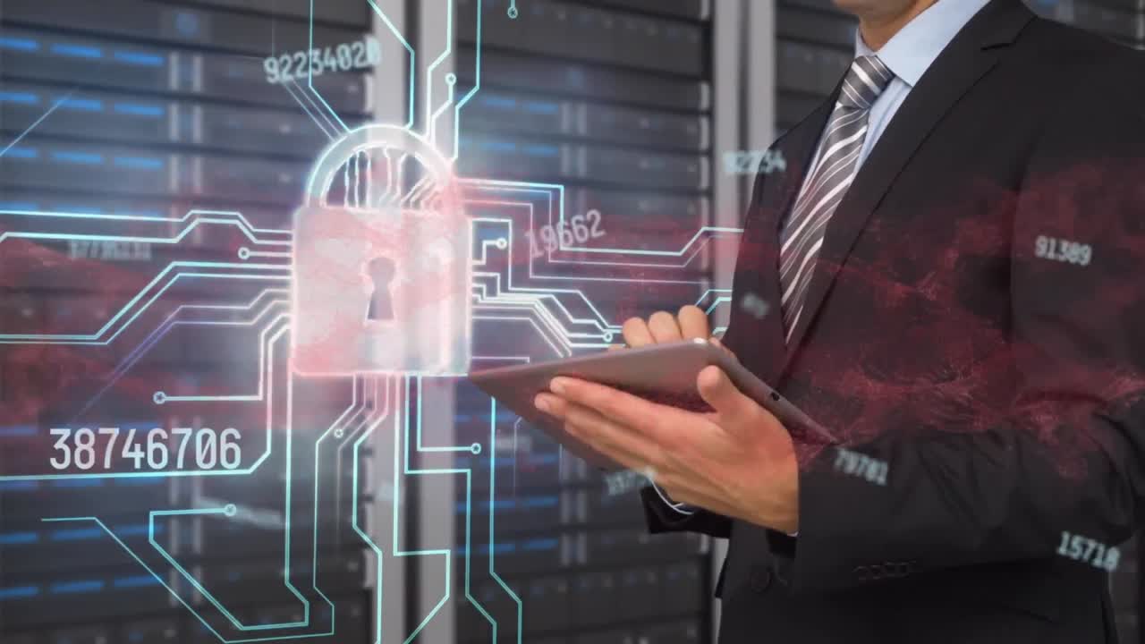 Animation of dna strand, numbers changing over online security padlock and businessman with tablet