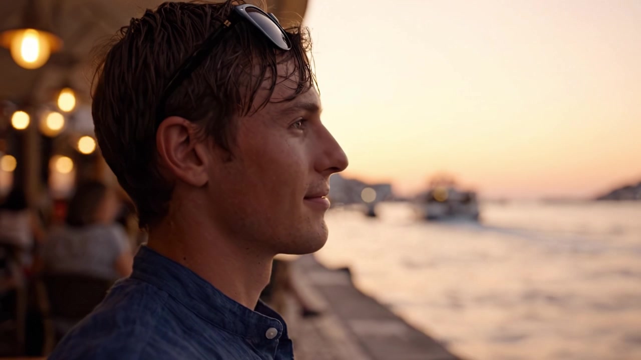 Una serata tranquilla in riva al mare: una persona si gode un tramonto leggendo una mappa, pianificando un viaggio avventuroso verso l'orizzonte