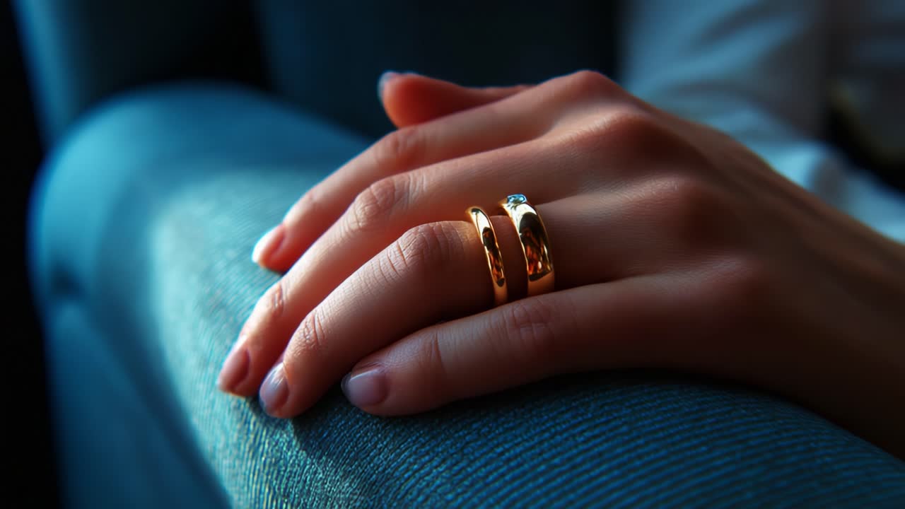 A close-up shot highlighting a beautifully adorned hand resting on a textured surface, showcasing elegant gold rings that catch the light, reflecting an exquisite sense of style and luxury