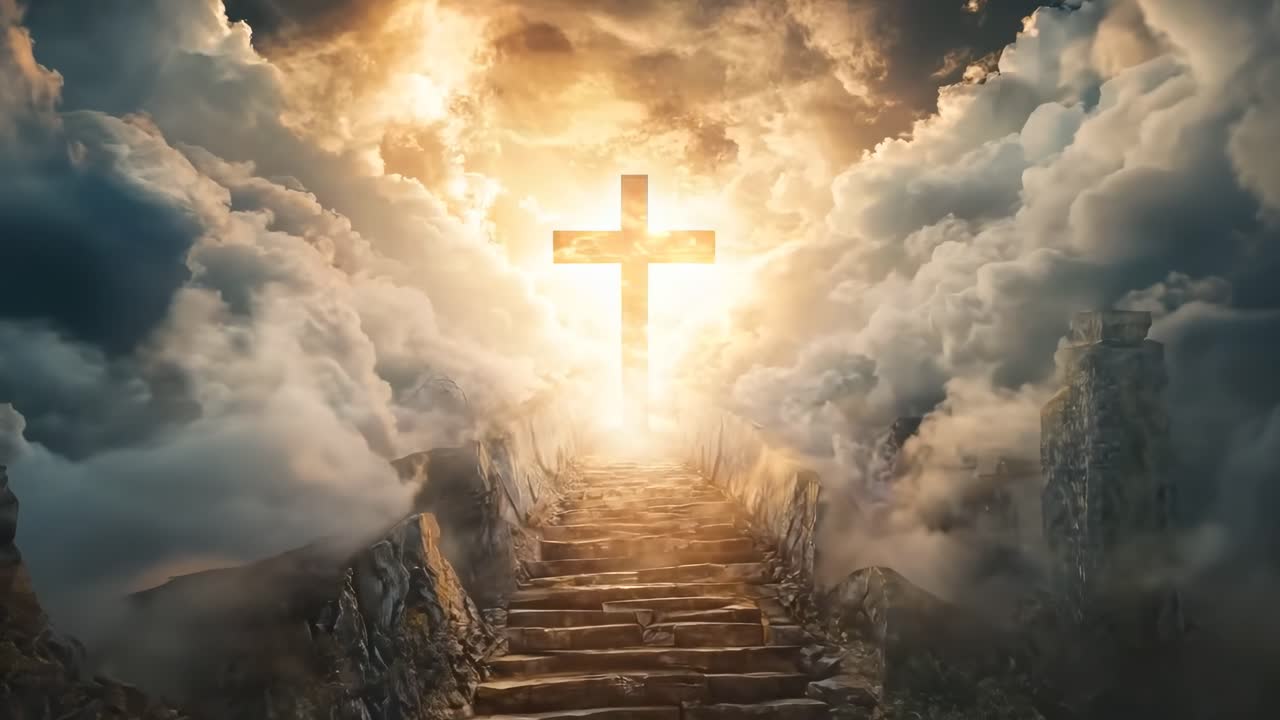 Dramatic video scene of a cross in the sky, viewed from a low angle