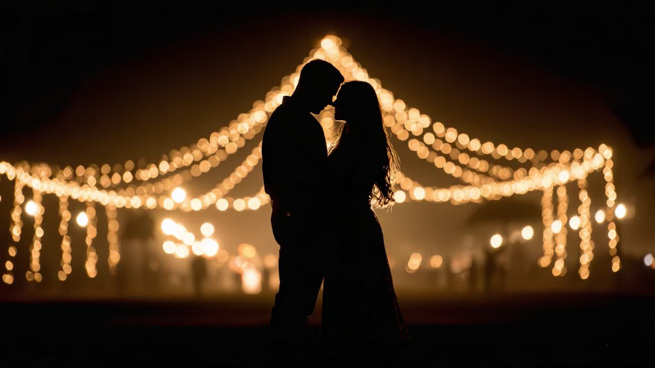 A Romantic Silhouette at Night Under Twinkling Lights: Capturing the Essence of Love and Togetherness Amidst a Magical Ambient Backdrop