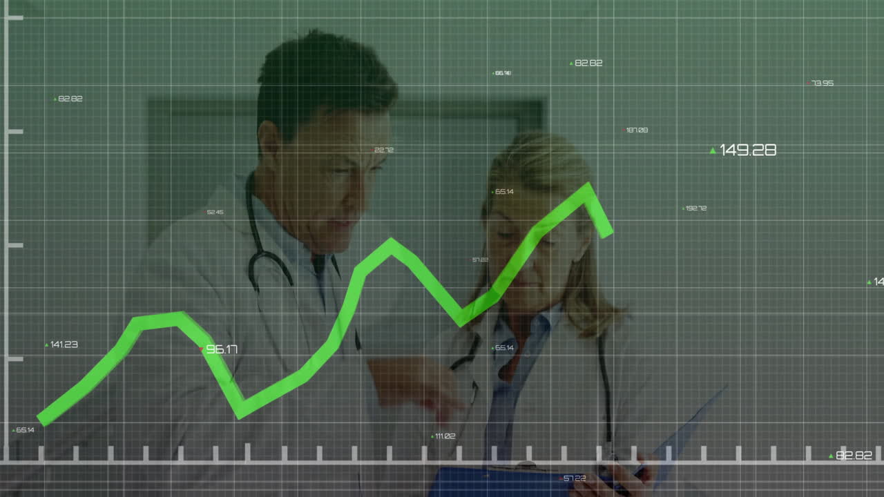 Two doctors wearing stethoscopes analyzing medical data in clinic, showing green trend line