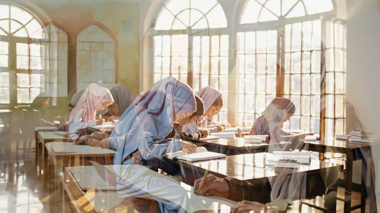 A creative double exposure video concept showing students in hijabs studying in a classroom