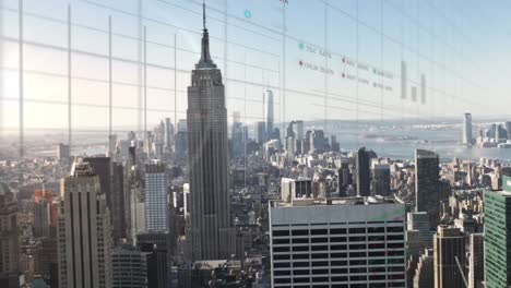 Animation-of-trading-board-and-graphs-over-modern-cityscape-against-clear-sky