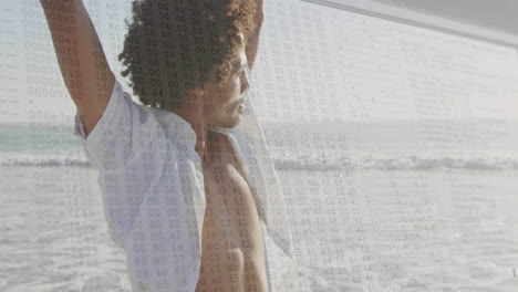 stretching by window, person with binary code animation overlaying scene