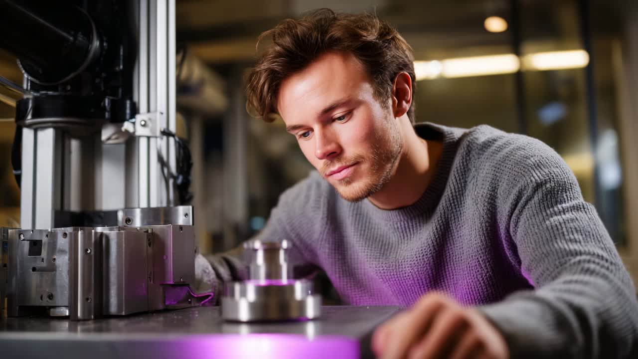 Focused Young Man Engaged in Precision Engineering Work, Analyzing Machinery Components with Care and Detail in a Modern Workshop Environment, Showcasing Skill and Concentration in Fabrication Processes