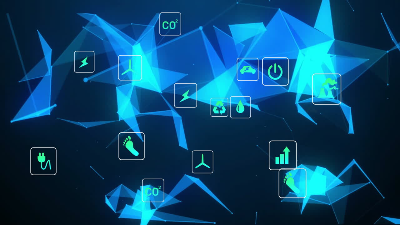 Glowing blue polygons floating with connecting lines, showing green sustainability icons in squares