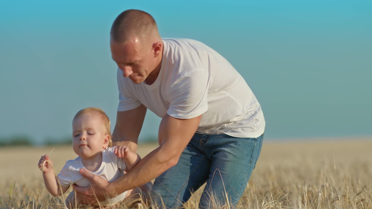 Dad holds the baby in his arms and circles her over the ears of wheat in the field. Loving dad plays with his baby daughter, a walk in the field. Happy fatherhood and childhood. 4k, ProRes
