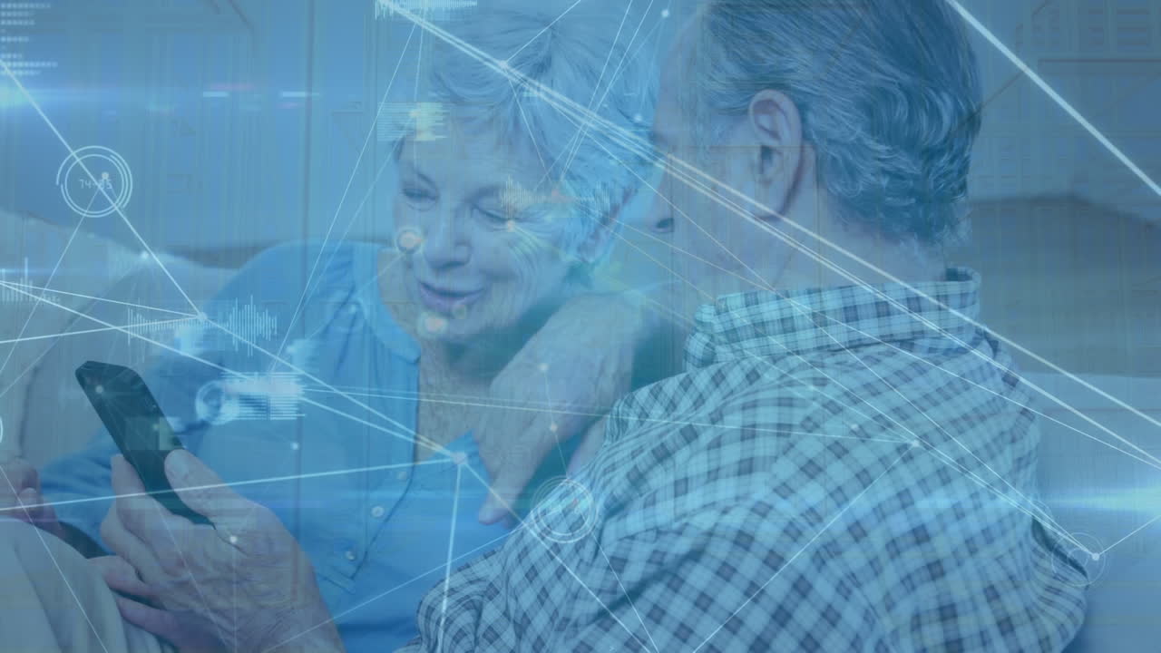 스마트 폰을 가진 백인 커플을 통한 연결 네트워크의 애니메이션