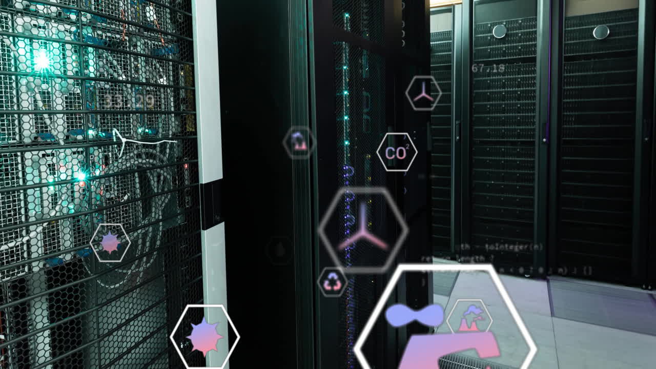 animación de iconos eco digitales y procesamiento de datos a través de servidores informáticos