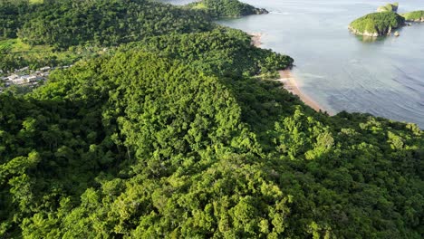 stunning, establishing aerial view of lush jungle-covered hills of bato, catanduanes with sandy beach and ocean bay in background