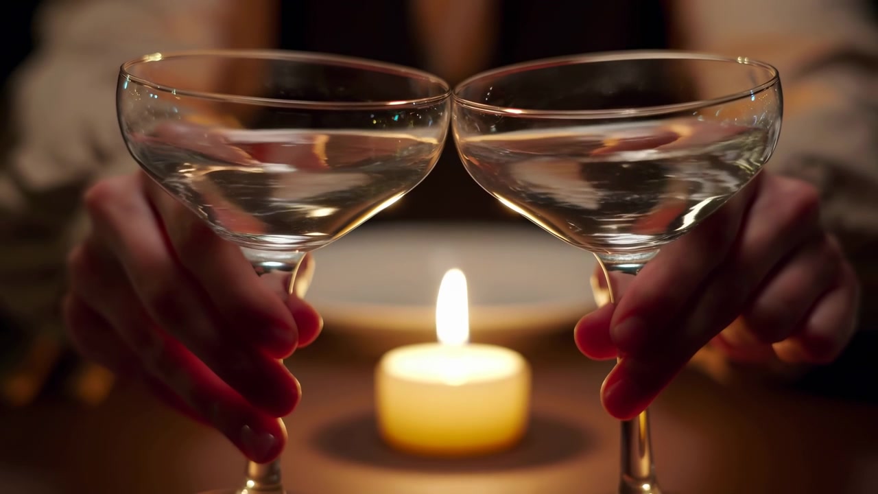 Tavolo a lume di candela con coppe, mani di donna che tengono due coppe di champagne sopra una candela da tè accesa, atmosfera calda