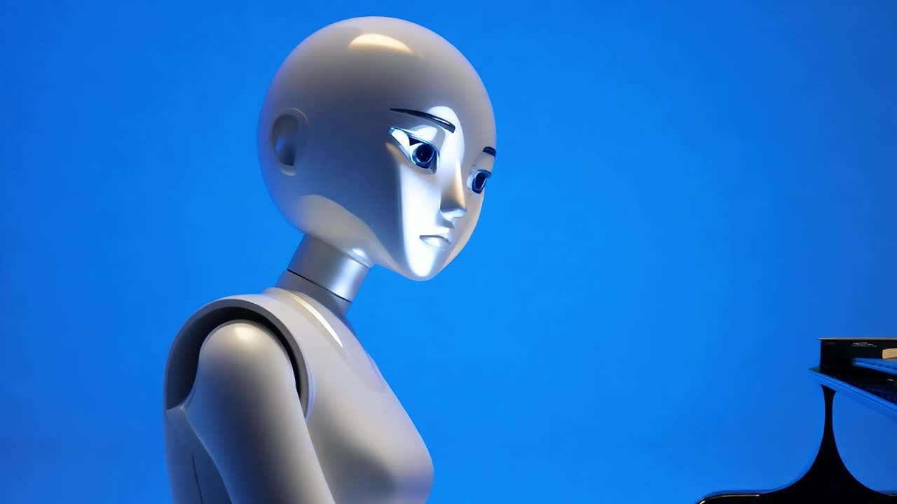 un robot humanoide toca el piano en un estudio, mostrando una expresión reflexiva contra un fondo azul vibrante. capturando la mezcla de tecnología y arte
