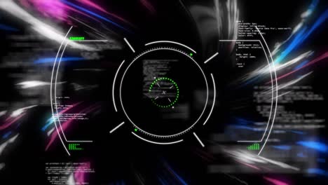 Animación-De-Escaneo-De-Alcance-Con-Procesamiento-De-Datos-Sobre-Estelas-De-Luz-Sobre-Fondo-Negro