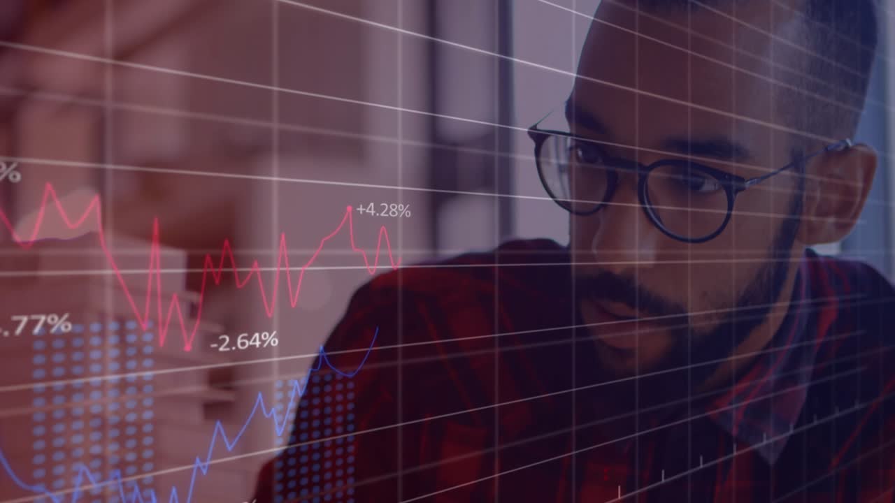 Animation of financial data processing over businessman in office