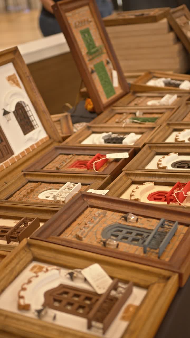 Vertical shot of Handcrafted wooden souvenirs and home decor from Paraguay, displayed in a market for sale, featuring different colors and figures