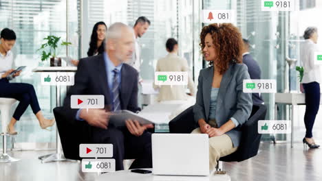animation of social media data processing over diverse business people in office