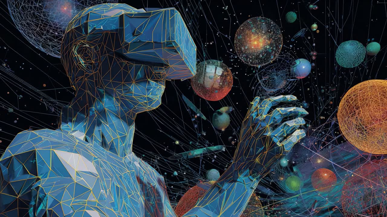 Exploring Virtual Realities: A Dynamic Journey Through Space and Digital Landscapes in a Stunning Visual Representation of a User Engaging with Advanced Virtual Reality Technology