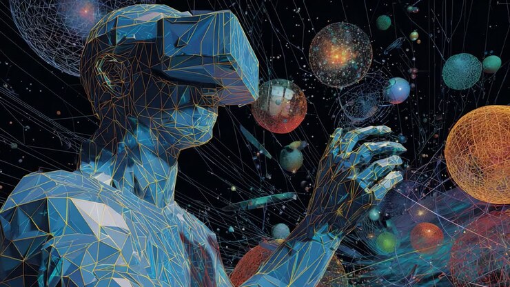 Exploring Virtual Realities: A Dynamic Journey Through Space and Digital Landscapes in a Stunning Visual Representation of a User Engaging with Advanced Virtual Reality Technology