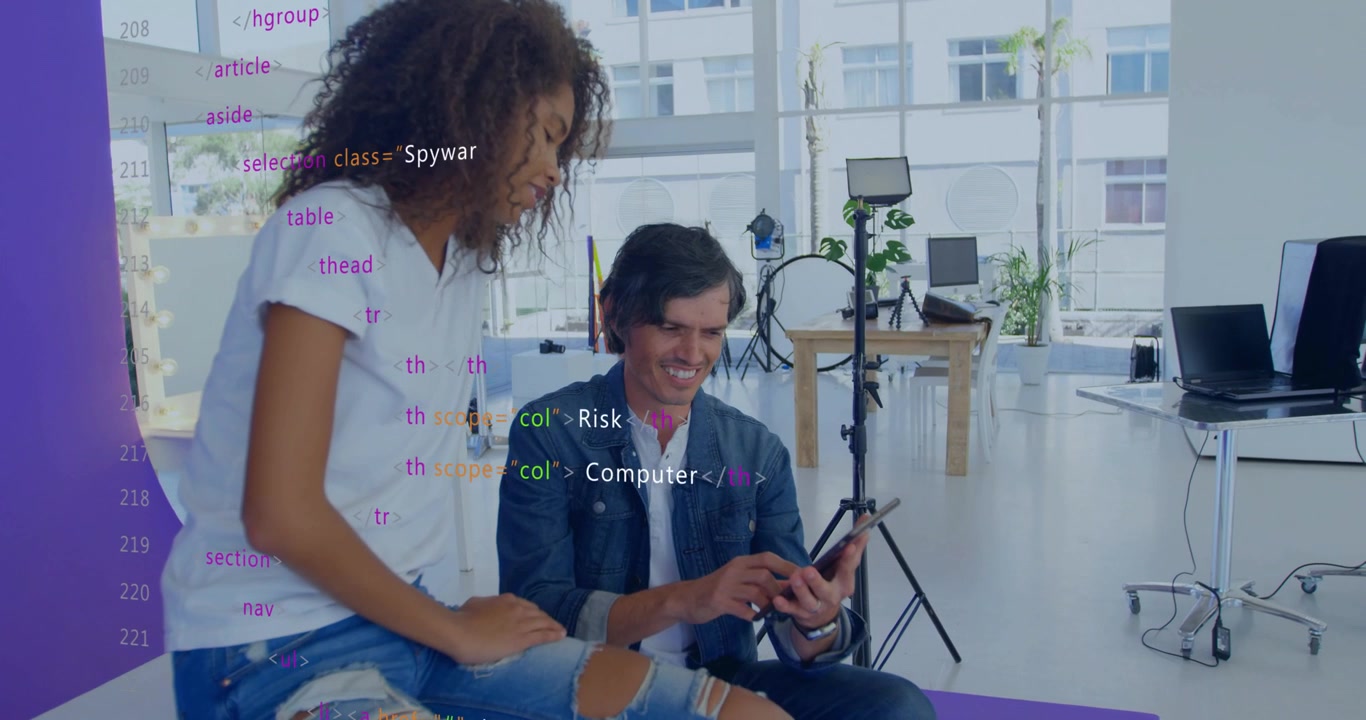 Two pros tapping phone leaning code overlay appearing and growing to show security on purple mat