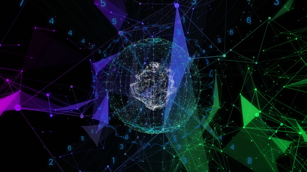 Animation of data processing and globe over black background