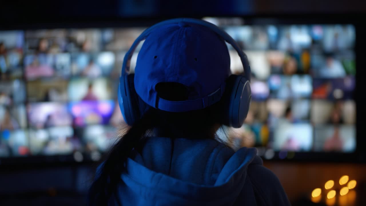 A Focused Individual Engaged in Virtual Interaction While Wearing Headphones, Observing Multiple Participants on a Screen Displaying Various Video Feed Thumbnails