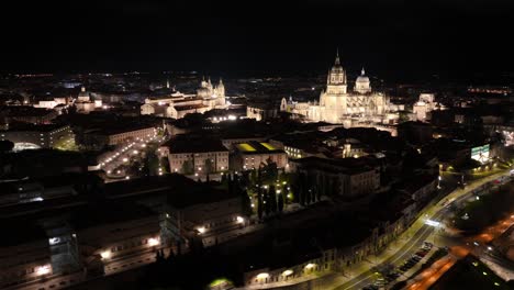 salamanca night hyperlapse, aerial drone view