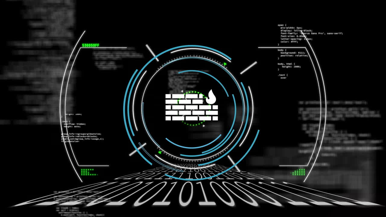 Animation of data processing and wall on black background