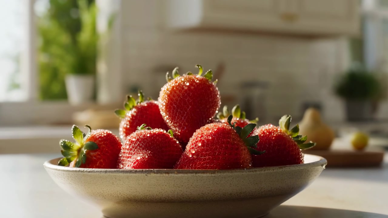 A bowl of fresh strawberries is centered on a kitchen counter in a softly blurred home interior with warm natural daylight