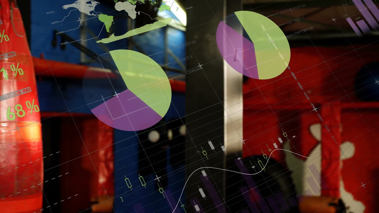 3D data panels getting animated over warehouse racks, showing pie charts bar graphs world map