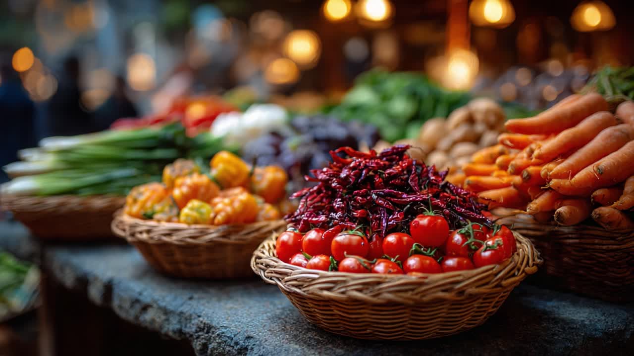 A Lively Marketplace Displaying a Vibrant Array of Fresh Vegetables and Spices, Showcasing the Richness of Nature's Bounty in Every Color and Texture