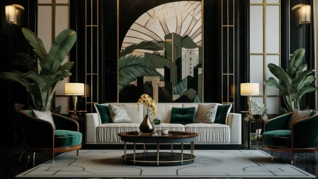 Luxurious interior with dark walls, elegant fireplace, and lush plants