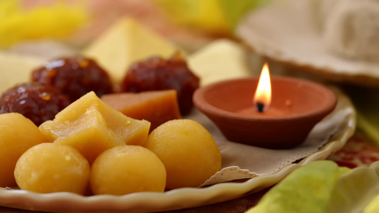 Dolci indiani tradizionali e lampada Diya accesa