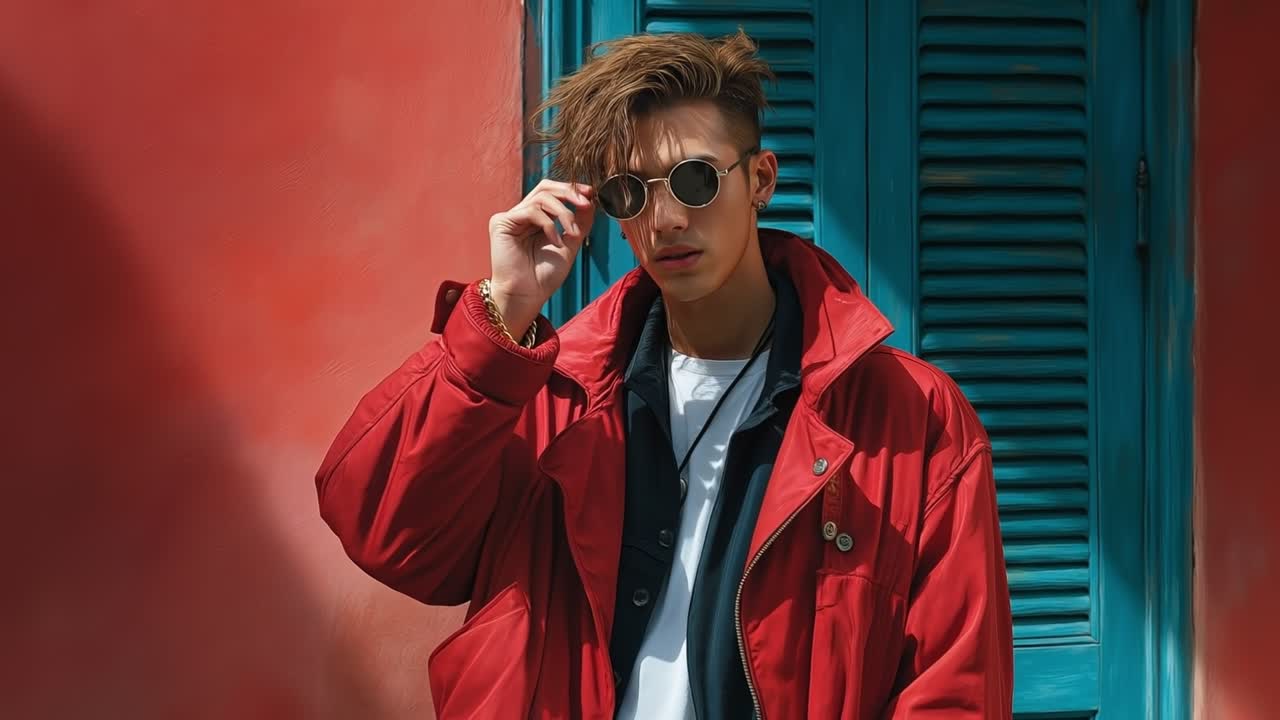 鮮やかな赤いジャケットとサングラスを身につけたスタイリッシュな若い男性が、青い都会の壁を背景にポーズをとっている。