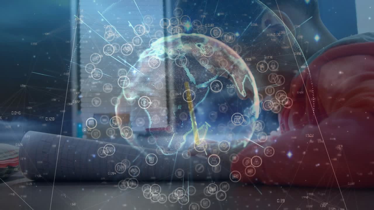 Overlay appearing, boy resting at table, holographic globe rotating and pulsing tech network icons