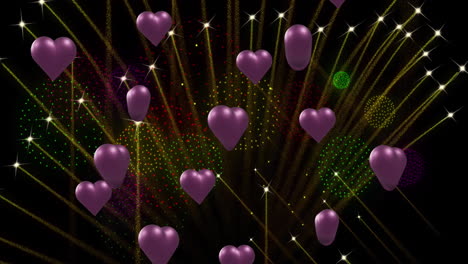 animation of purple hearts over fireworks on black background